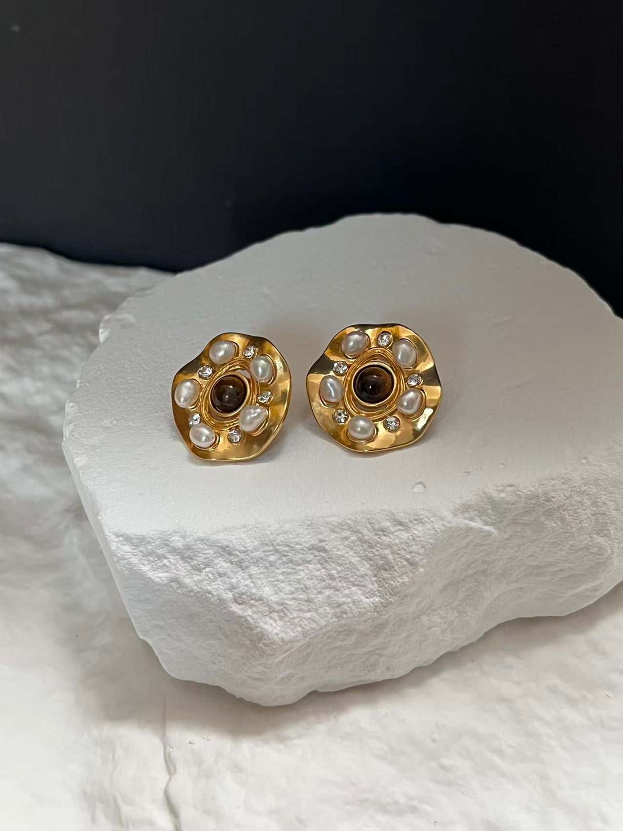 Tiger's Eye Stud Gold Earrings with Pearls