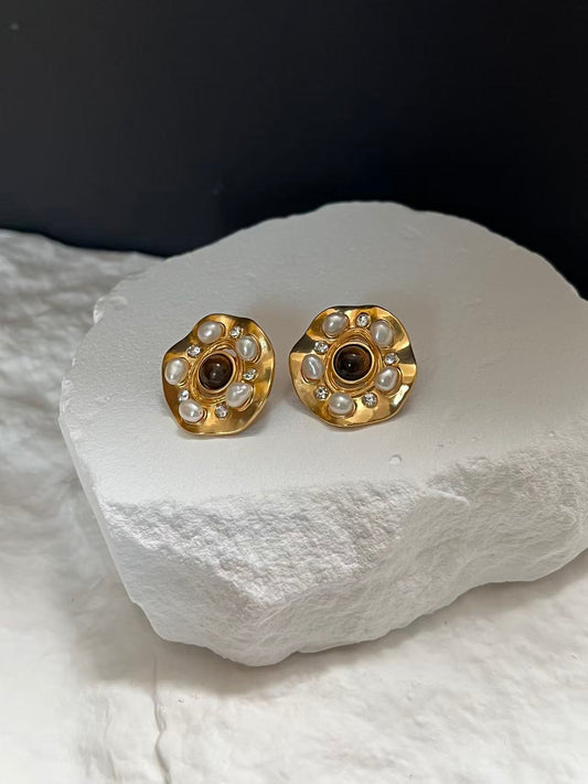 Tiger's Eye Stud Gold Earrings with Pearls