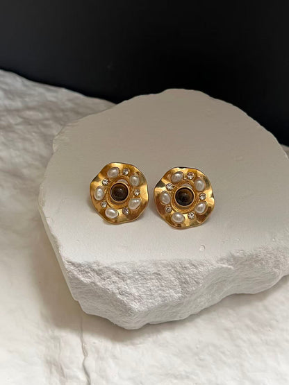 Tiger's Eye Stud Gold Earrings with Pearls