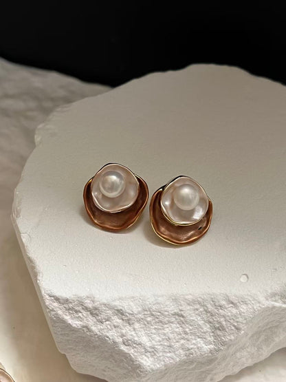 Pearl Pink&Brown Petal Stud Earrings