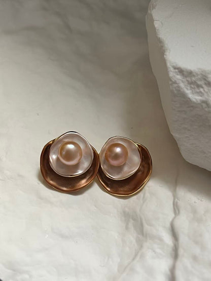 Pearl Pink&Brown Petal Stud Earrings
