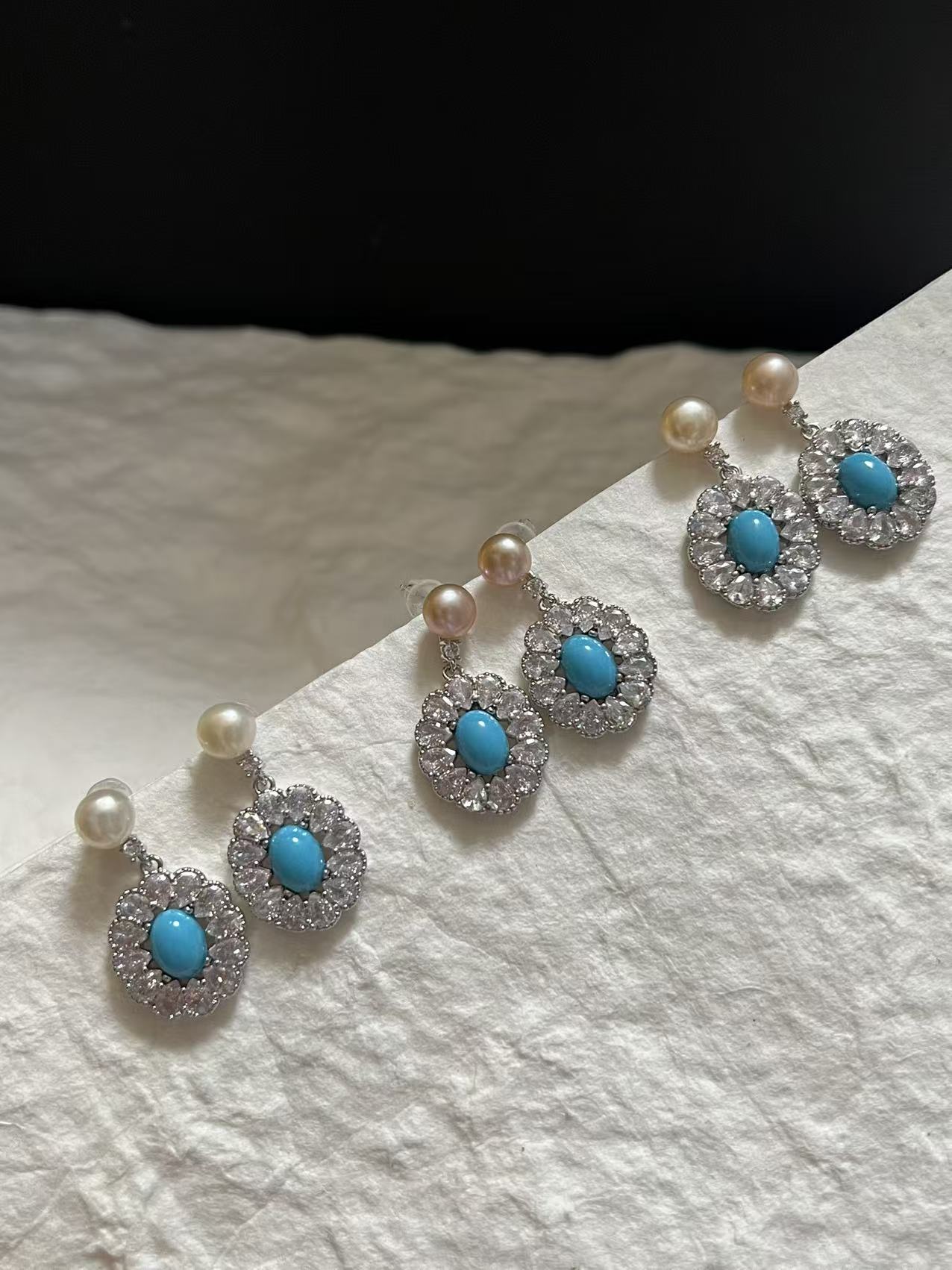 Freshwater Pearl & Turquoise Drop Earrings with Zircon Accents