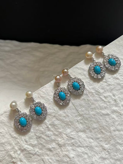 Freshwater Pearl & Turquoise Drop Earrings with Zircon Accents