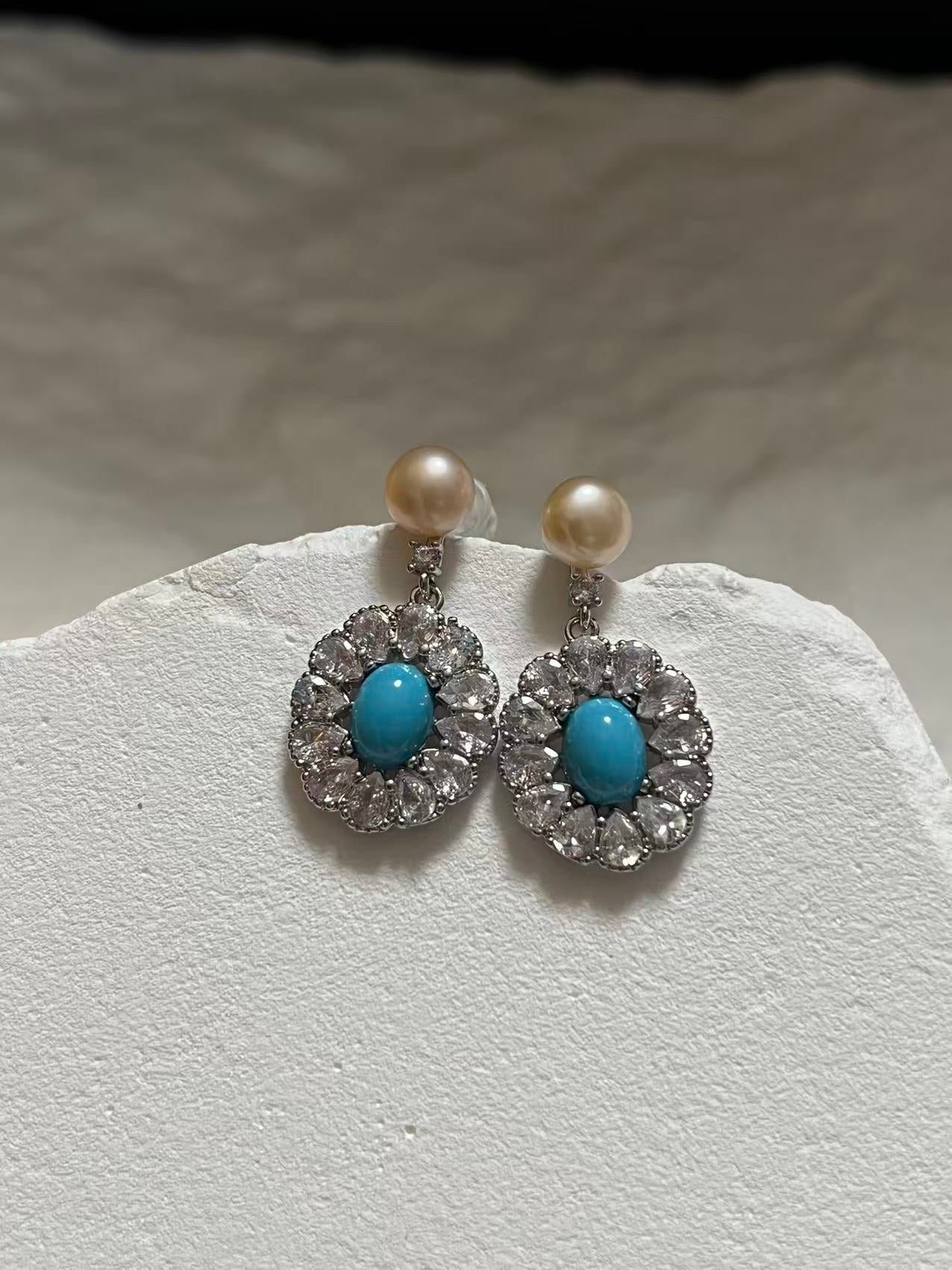 Freshwater Pearl & Turquoise Drop Earrings with Zircon Accents