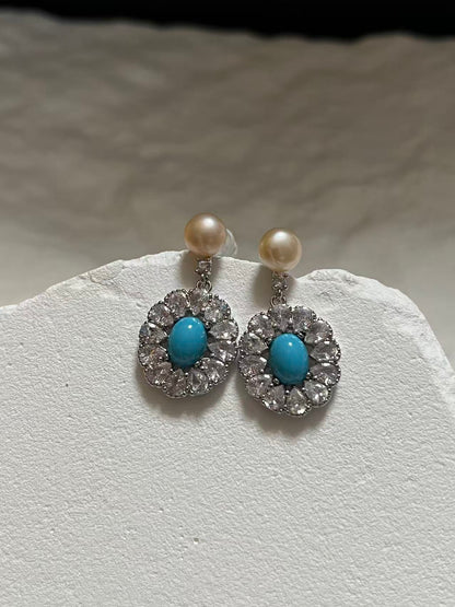 Freshwater Pearl & Turquoise Drop Earrings with Zircon Accents