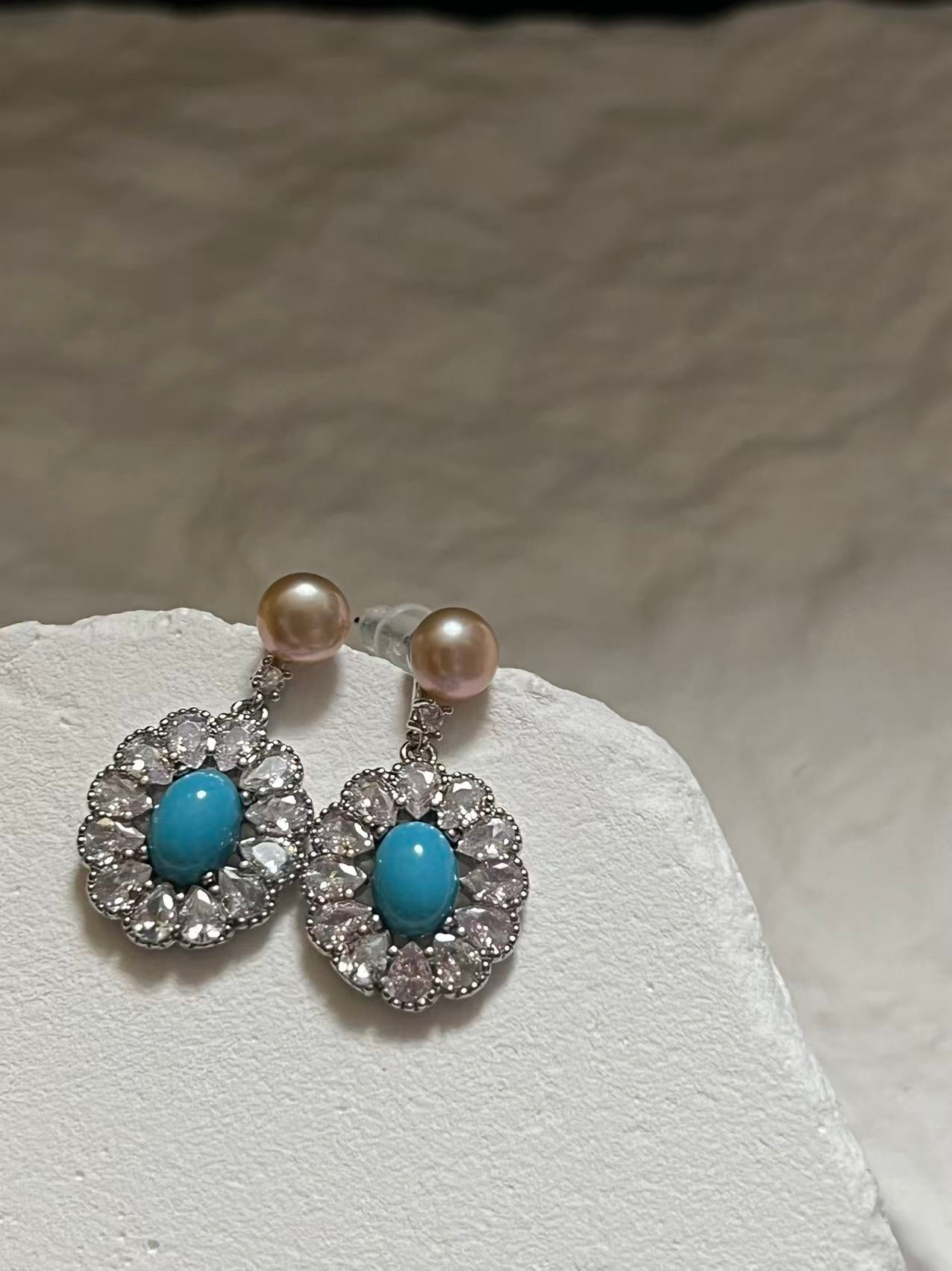 Freshwater Pearl & Turquoise Drop Earrings with Zircon Accents