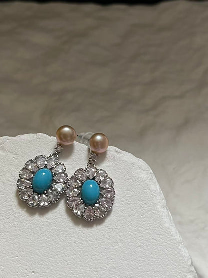 Freshwater Pearl & Turquoise Drop Earrings with Zircon Accents