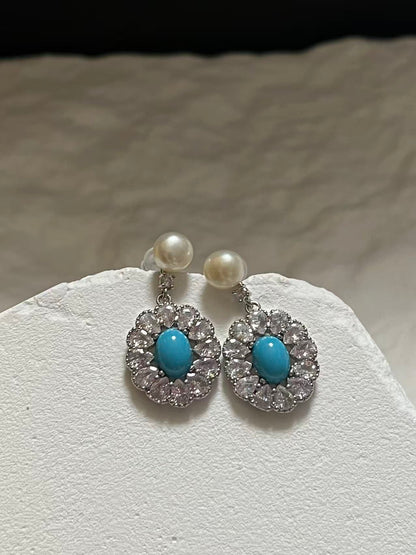 Freshwater Pearl & Turquoise Drop Earrings with Zircon Accents