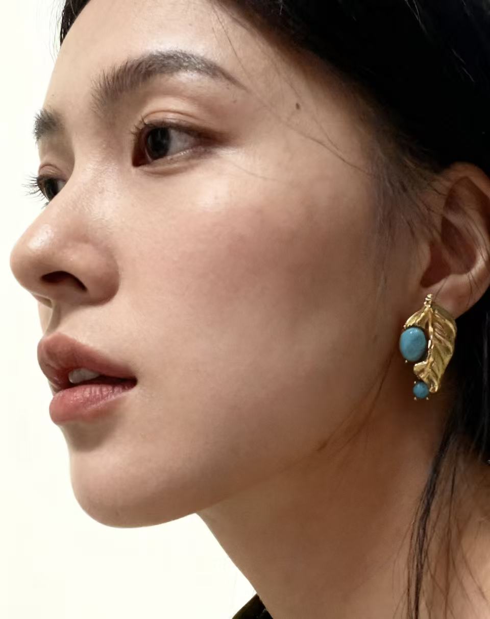 Gold Leaf Turquoise Stud Earrings