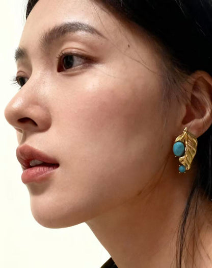 Gold Leaf Turquoise Stud Earrings