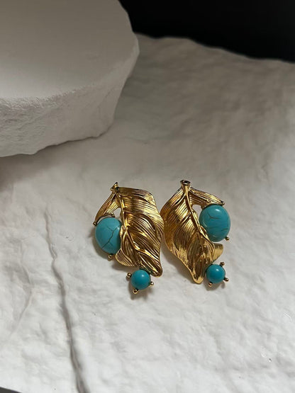 Gold Leaf Turquoise Stud Earrings