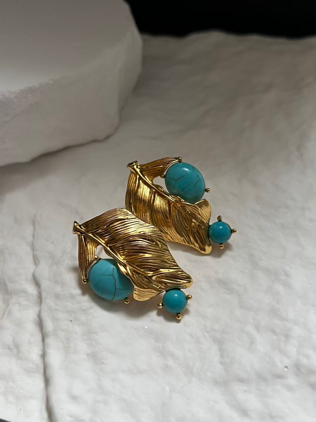 Gold Leaf Turquoise Stud Earrings