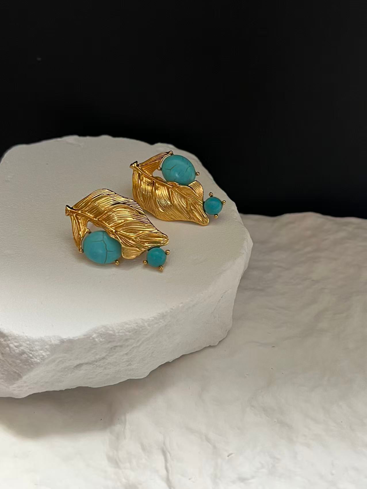 Gold Leaf Turquoise Stud Earrings