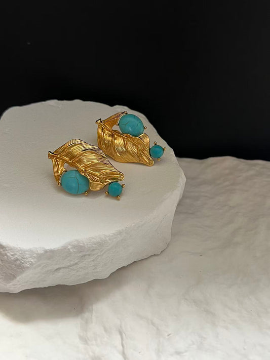 Gold Leaf Turquoise Stud Earrings