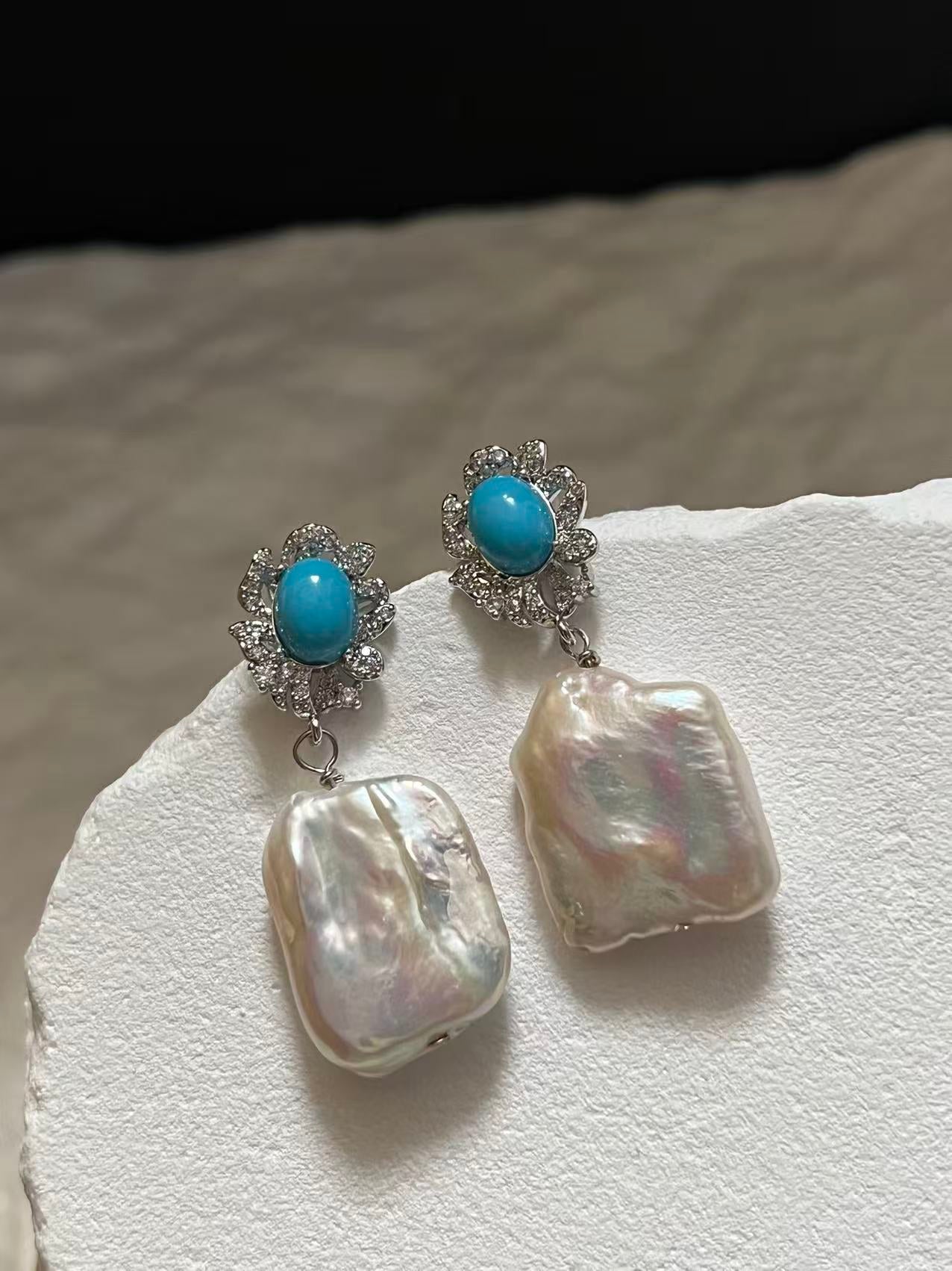 Freshwater Flat Baroque Pearl Drop Earrings with Turquoise Flower