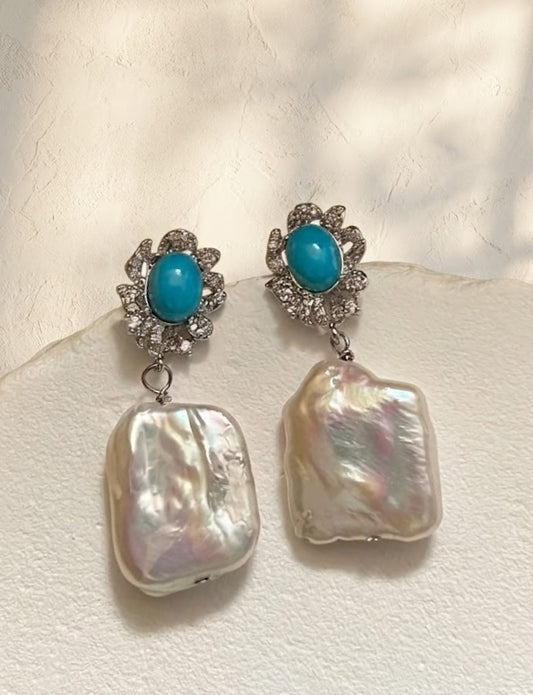 flat baroque pearl and turquoise drop earrings for vacation/daily wear/date