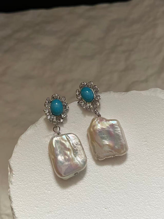 Freshwater Flat Baroque Pearl Drop Earrings with Turquoise Flower