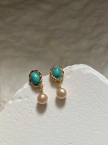 Freshwater Pearl & Turquoise Drop Earrings