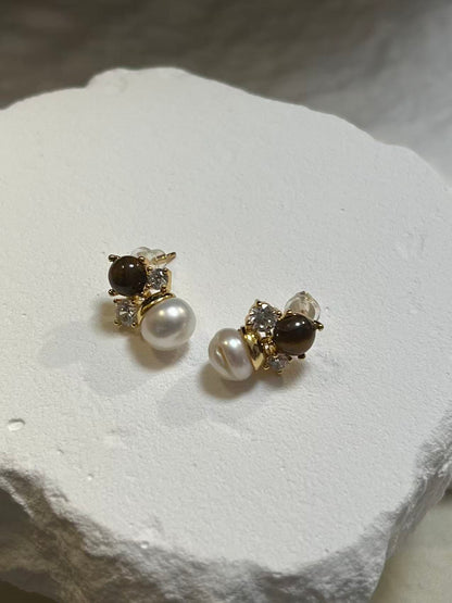 Tiger's Eye & Freshwater Baroque Pearl Stud Earrings with Cubic Zirconia