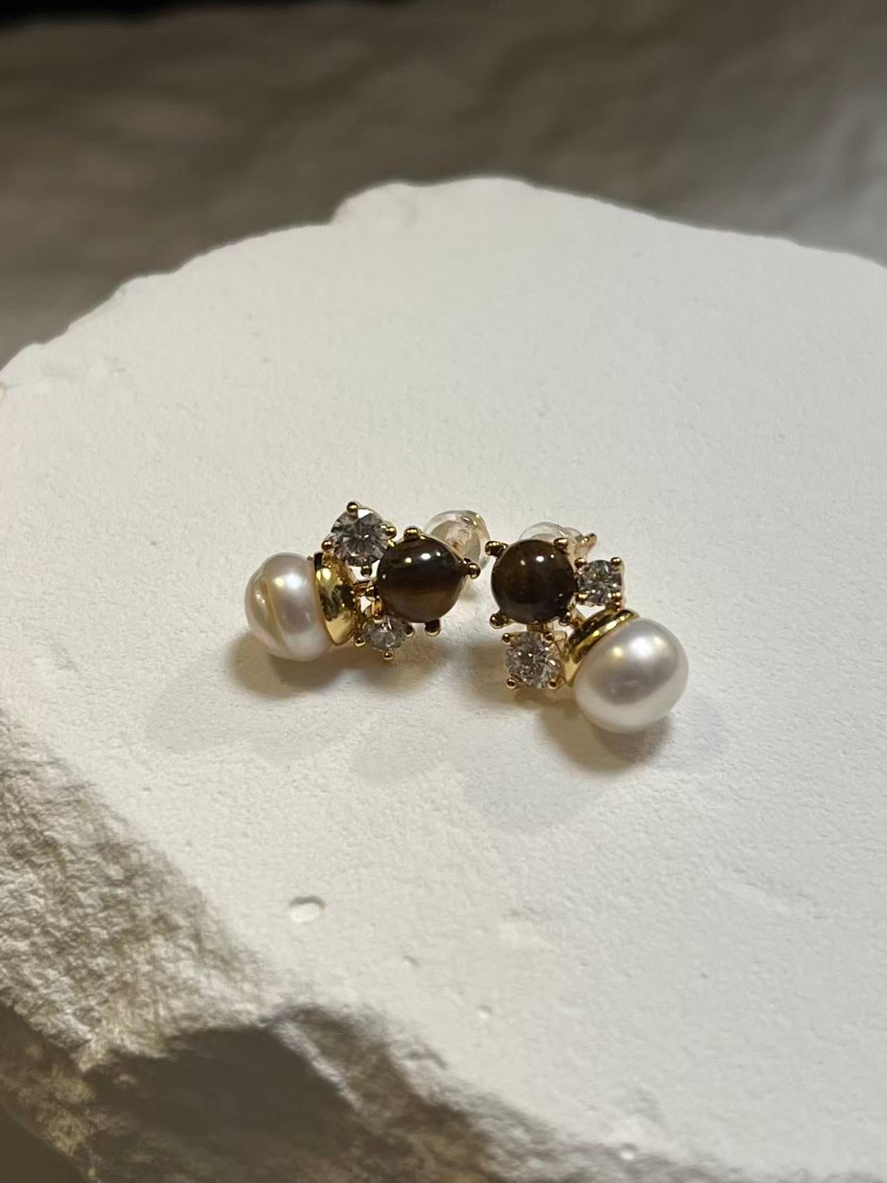 Tiger's Eye & Freshwater Baroque Pearl Stud Earrings with Cubic Zirconia