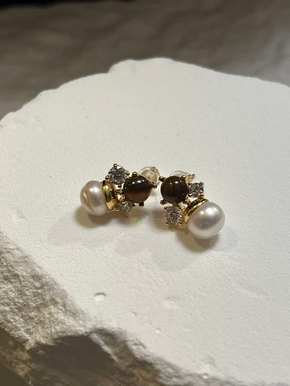 Tiger's Eye & Freshwater Baroque Pearl Stud Earrings with Cubic Zirconia