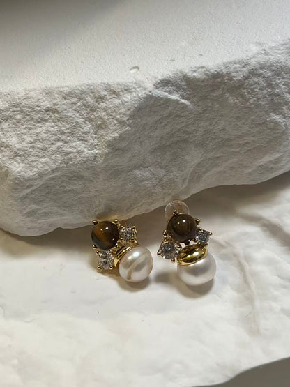 Tiger's Eye & Freshwater Baroque Pearl Stud Earrings with Cubic Zirconia