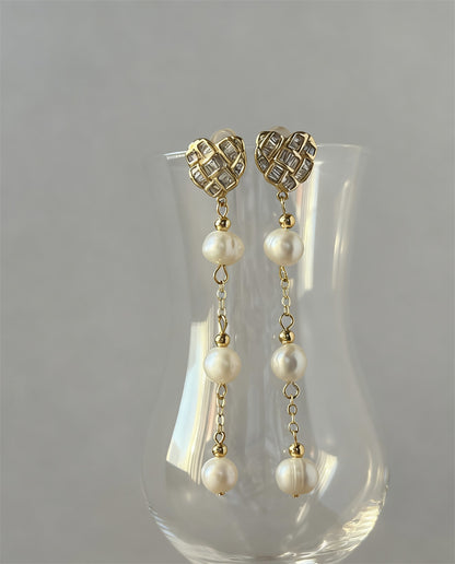 Freshwater Baroque Pearl Drop Earrings with CZ Heart