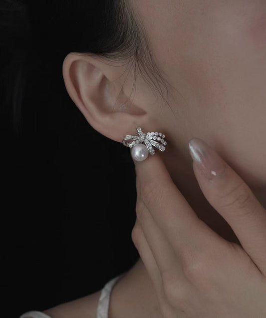 Natural Pearl  Drop Earrings with CZ Bow