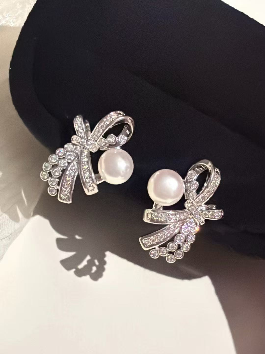Natural Pearl  Drop Earrings with CZ Bow