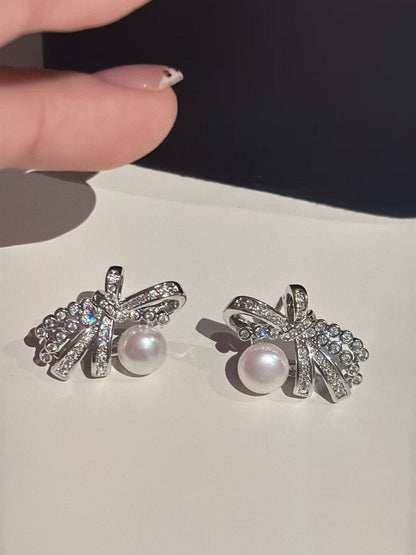 Natural Pearl  Drop Earrings with CZ Bow
