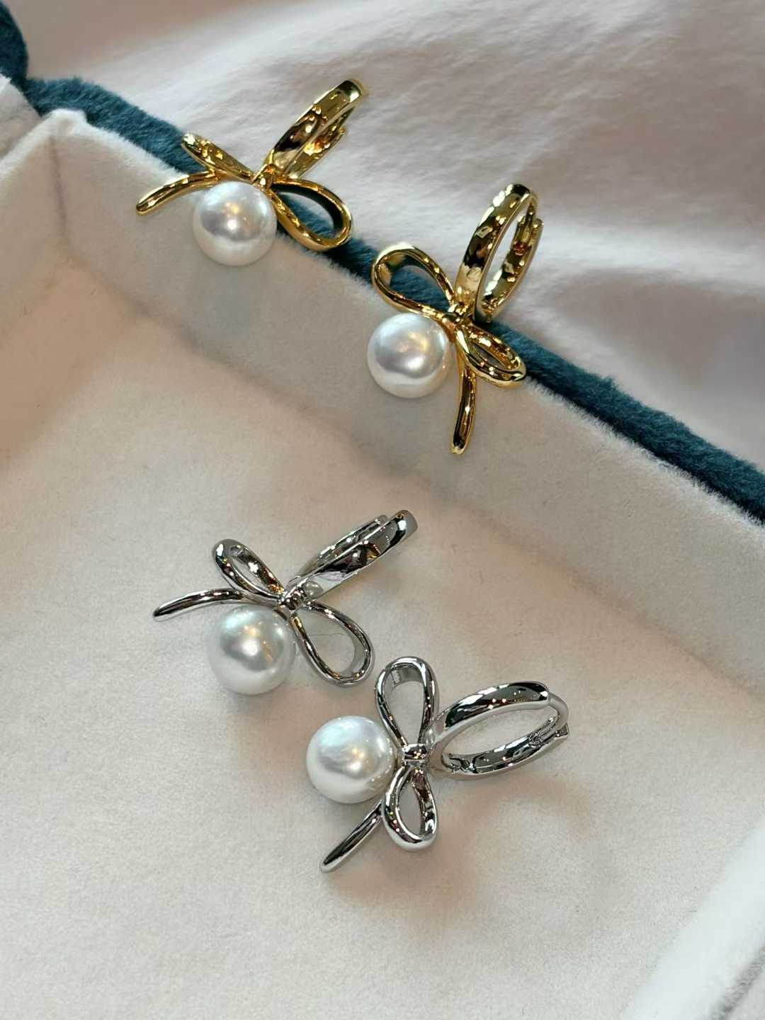 Natural Freshwater Pearl  Bow Earrings in Gold/Silver
