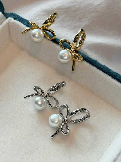 Natural Freshwater Pearl  Bow Earrings in Gold/Silver