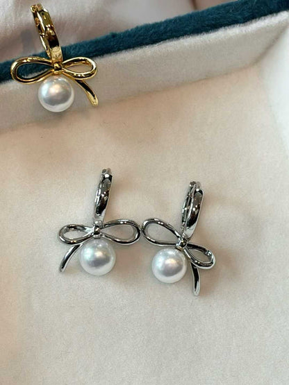 Natural Freshwater Pearl  Bow Earrings in Gold/Silver