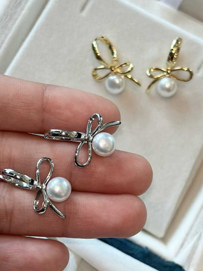 Natural Freshwater Pearl  Bow Earrings in Gold/Silver