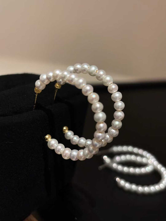 Freshwater Beaded Pearl Drop/Big Hoop Earrings