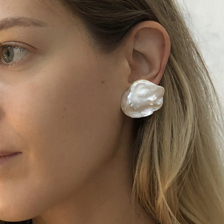 Freshwater Flat Big Petal Baroque Pearl Stud Earrings