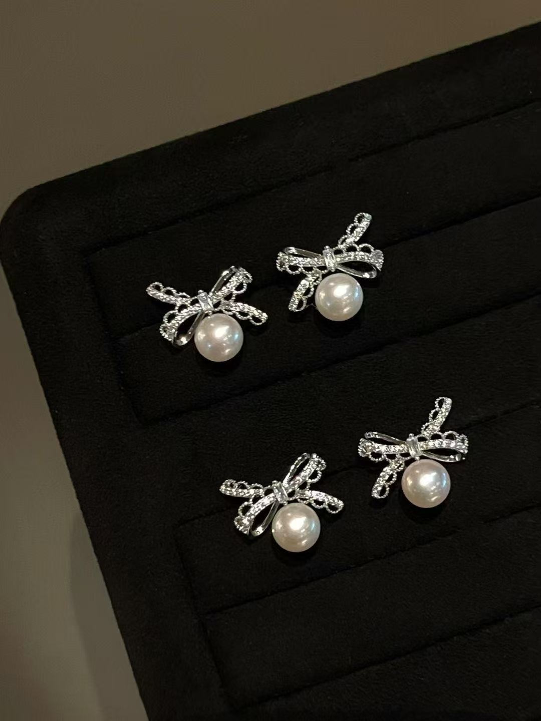 Freshwater Pearl  Lace Bow Drop Earrings