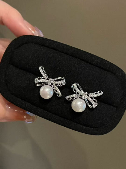 Freshwater Pearl  Lace Bow Drop Earrings