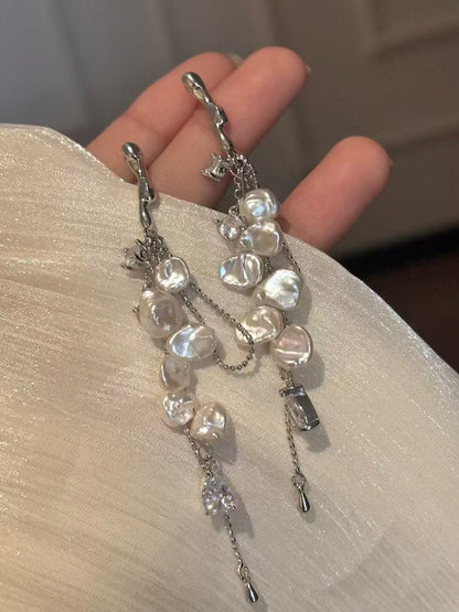 Freshwater Silver Baroque Pearl Long Drop Earrings