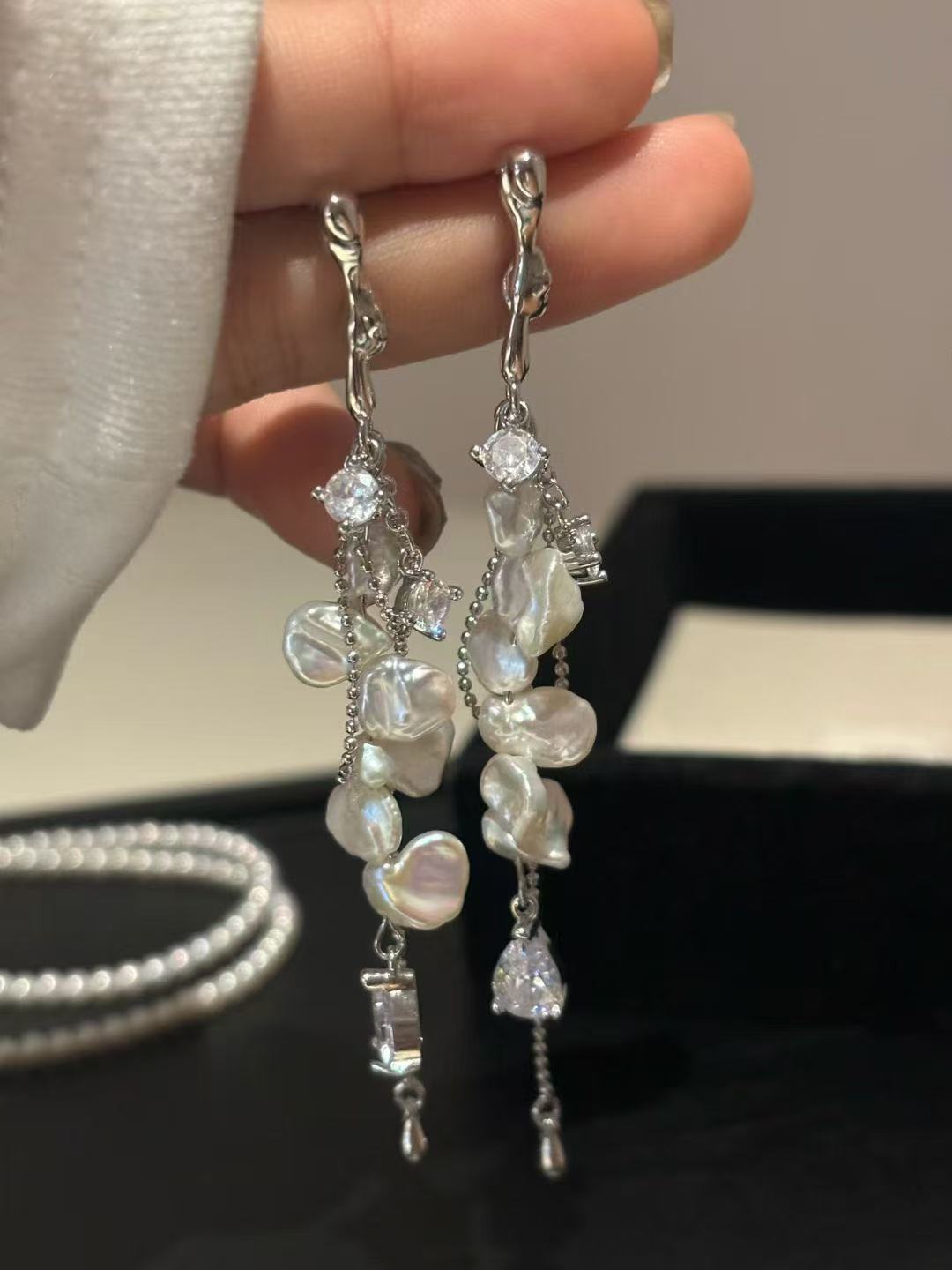 Freshwater Silver Baroque Pearl Long Drop Earrings