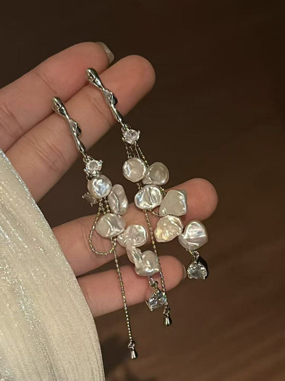 Freshwater Silver Baroque Pearl Long Drop Earrings