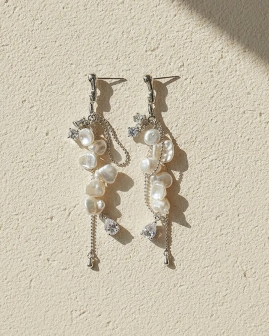 natural baroque Pearl and crystal drop silver earrings 