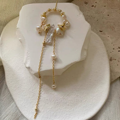 Freshwater Gold Baroque Pearl Long Drop Hoop Earrings