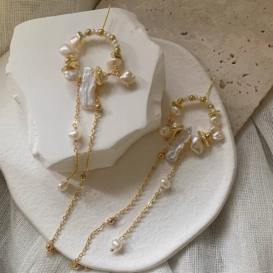 Freshwater Gold Baroque Pearl Long Drop Hoop Earrings