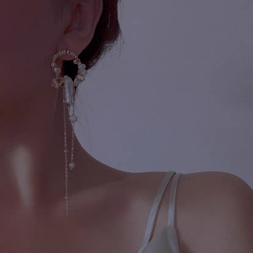 Freshwater Gold Baroque Pearl Long Drop Hoop Earrings