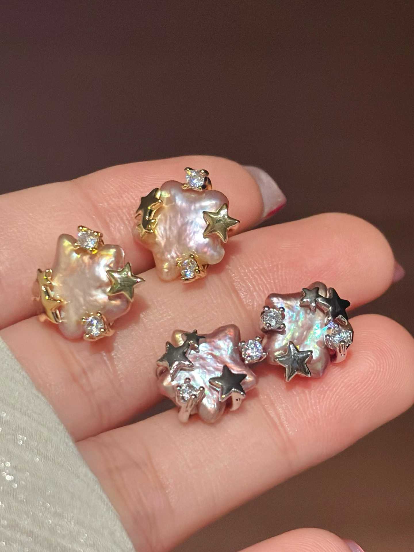 Geometric Freshwater Pearl Stud Earrings Star Earrings with Zircon