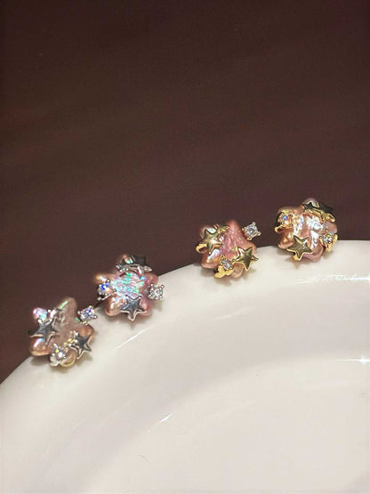 Geometric Freshwater Pearl Stud Earrings Star Earrings with Zircon