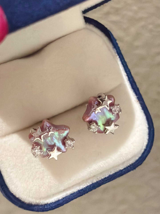 Geometric Freshwater Pearl Stud Earrings Star Earrings with Zircon