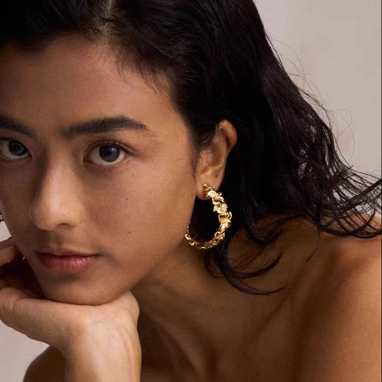 Vintage Gold Floral Half Hoop Earrings | 925 Sterling Silver Posts