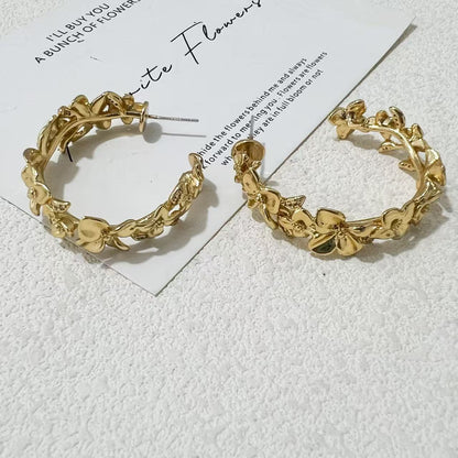 Vintage Gold Floral Half Hoop Earrings | 925 Sterling Silver Posts